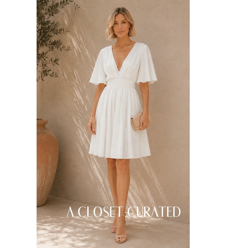 Mac Duggal Satin Flowy Cape Sleeve Mini Dress 2 White NWT Style 26605